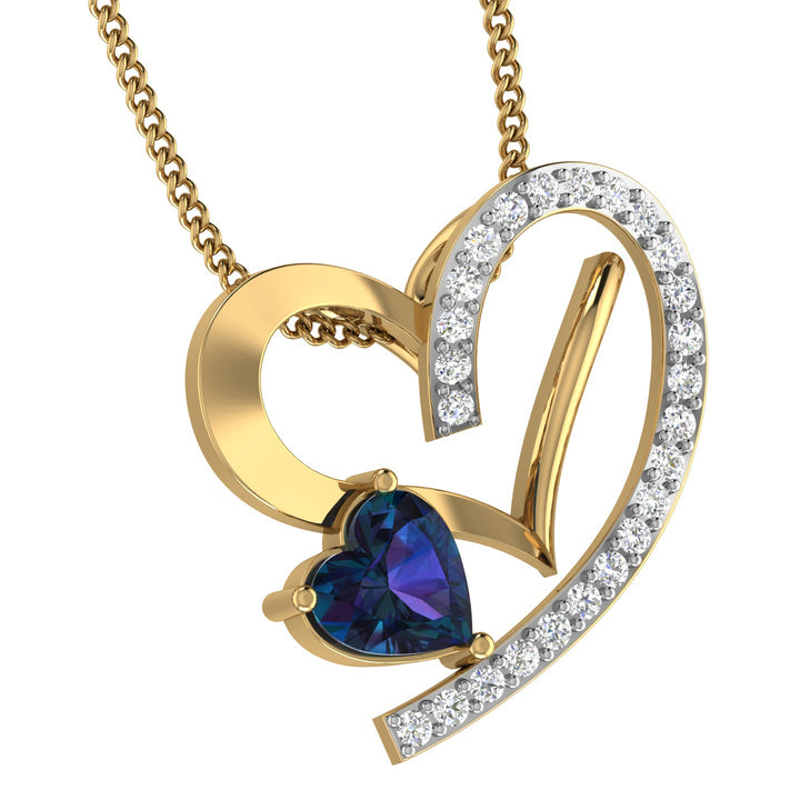A heart-shaped diamond and color stone pendant with a gold chain.