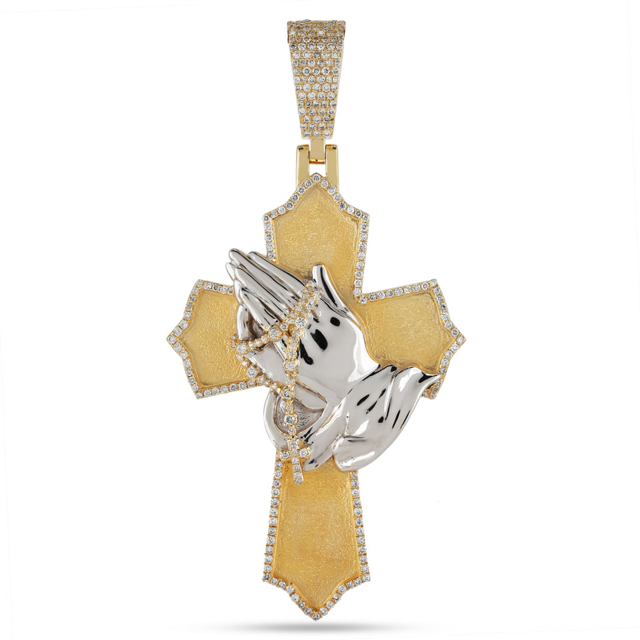 14KT Gold Praying Hand Cross Pendant with 1.28CT Diamond