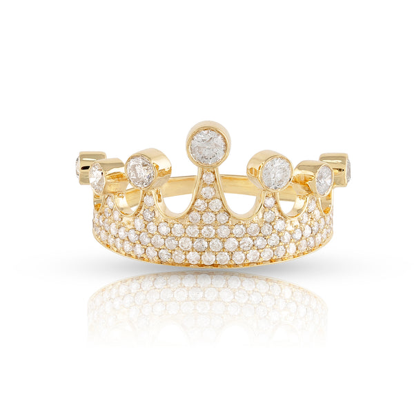 A yellow gold diamond ring featuring a crown design with multiple sparkling stones set around its band.