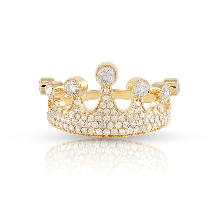 A yellow gold diamond ring featuring a crown design with multiple sparkling stones set around its band.